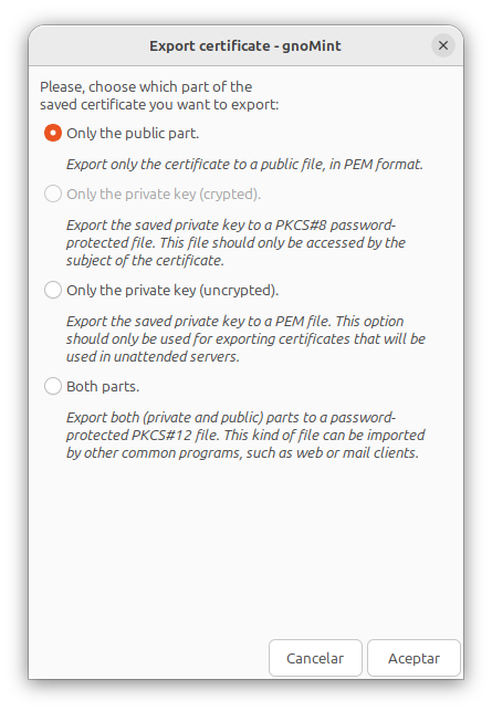 Export certificate dialog